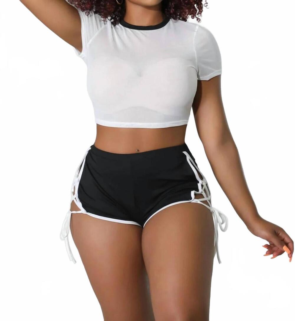 NEW MAYPINK hot girl summer vibes side tie up mesh crop short set in black/white